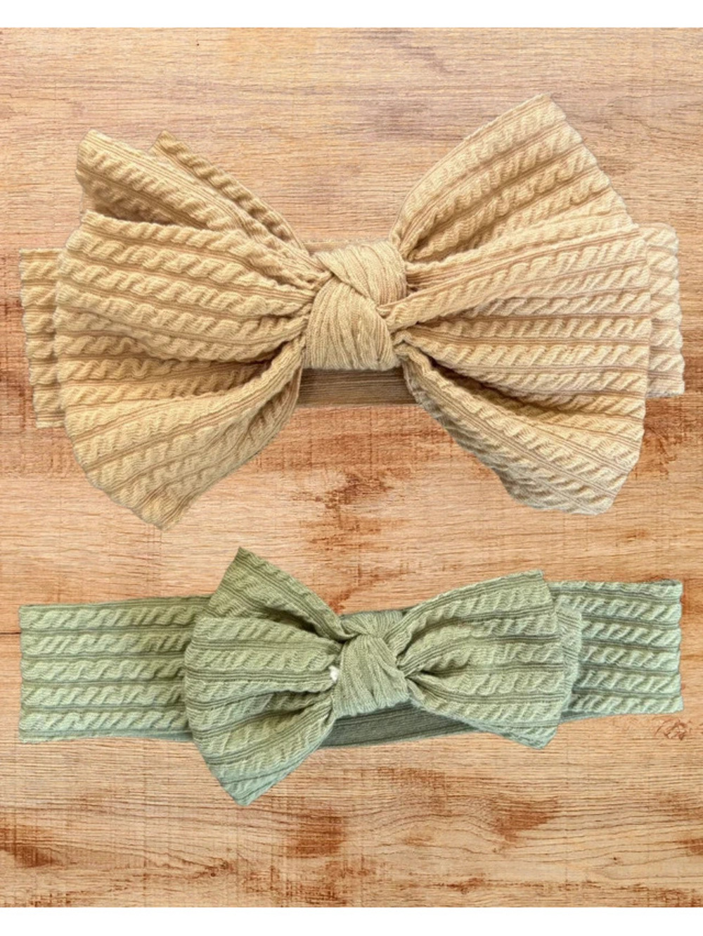 Set of 2 Baby Girl Bow Headbands Tan & Sage Green Textured Bows